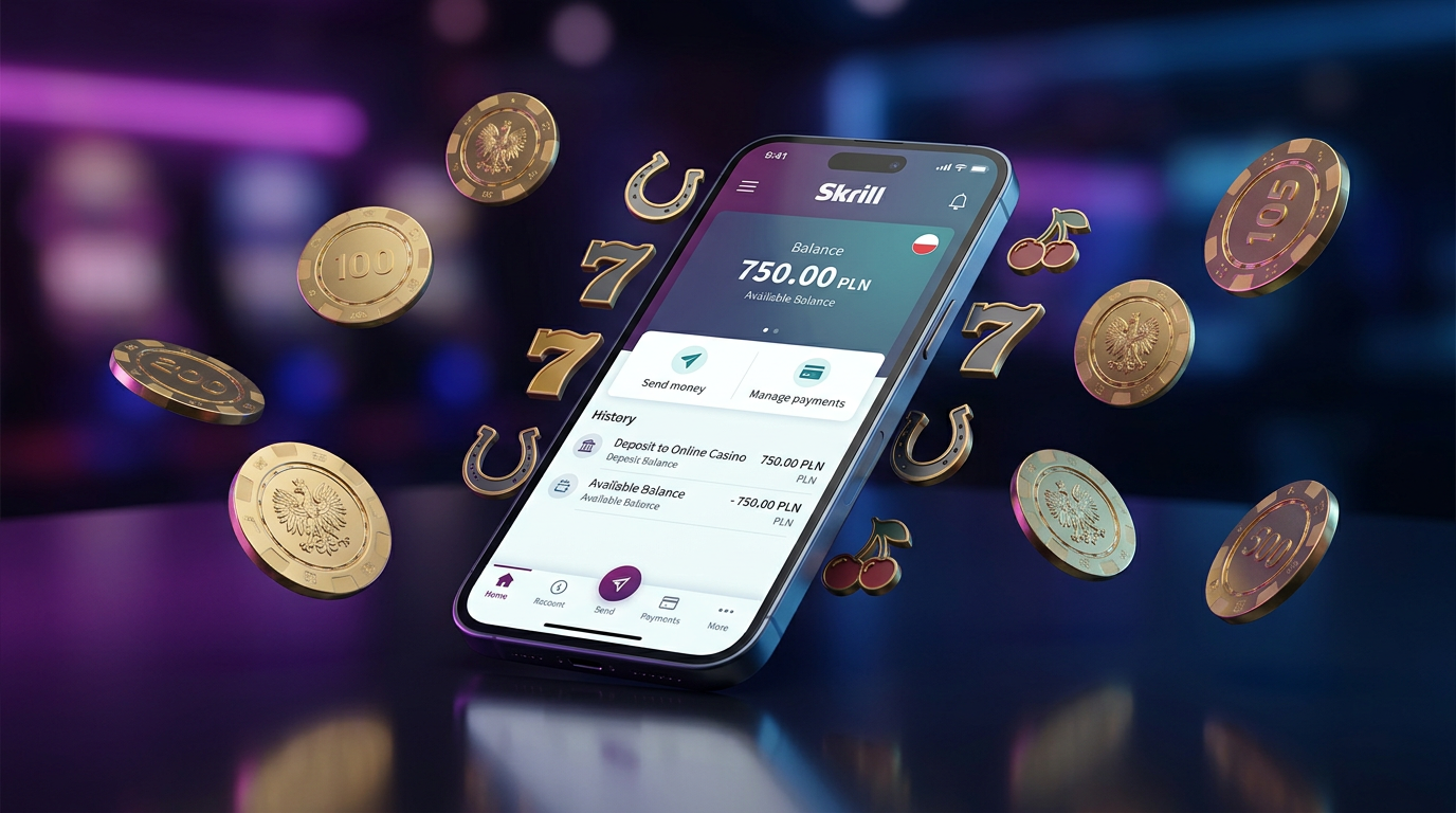 Modern smartphone showing Skrill app next to golden casino chips representing online casino payments