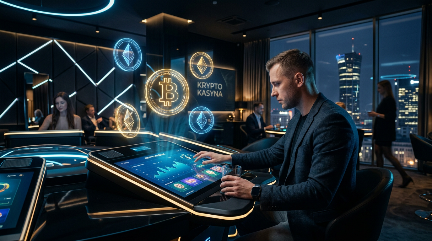 Nowoczesne i luksusowe wnętrze krypto kasyna z symbolami Bitcoina i Ethereum