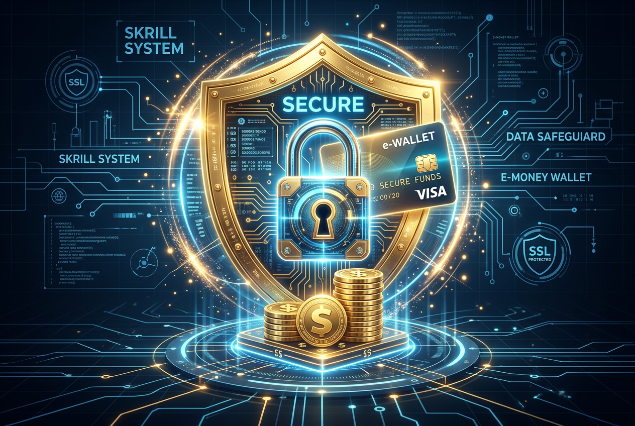 Digital representation of financial security and EU compliance with a shield and padlock symbolizing Skrill safeguarding
