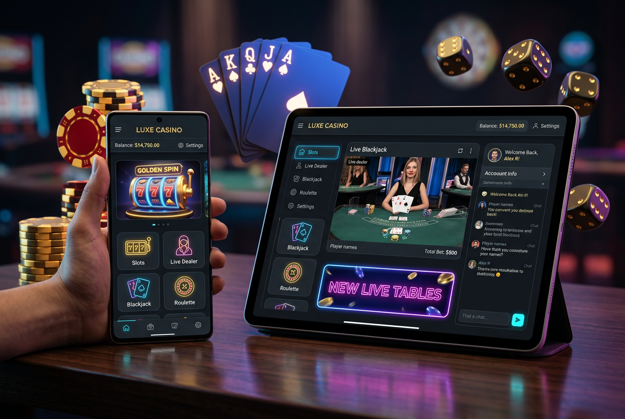 Nowoczesny interfejs kasyna online na tablecie i smartfonie z neonowymi akcentami