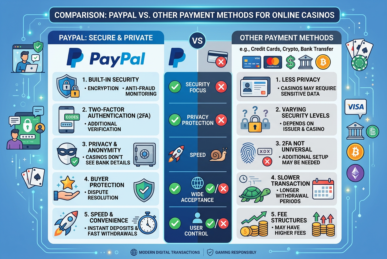Infografika przedstawiająca porównanie PayPal z innymi metodami płatności pod kątem bezpieczeństwa i szybkości