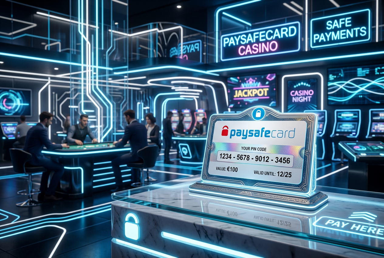 Logo Paysafecard na tle nowoczesnego kasyna online