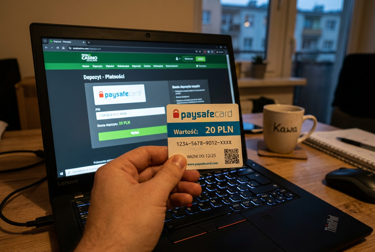 Grafika przedstawiająca fizyczny voucher 20 PLN w dłoni gracza przed laptopem